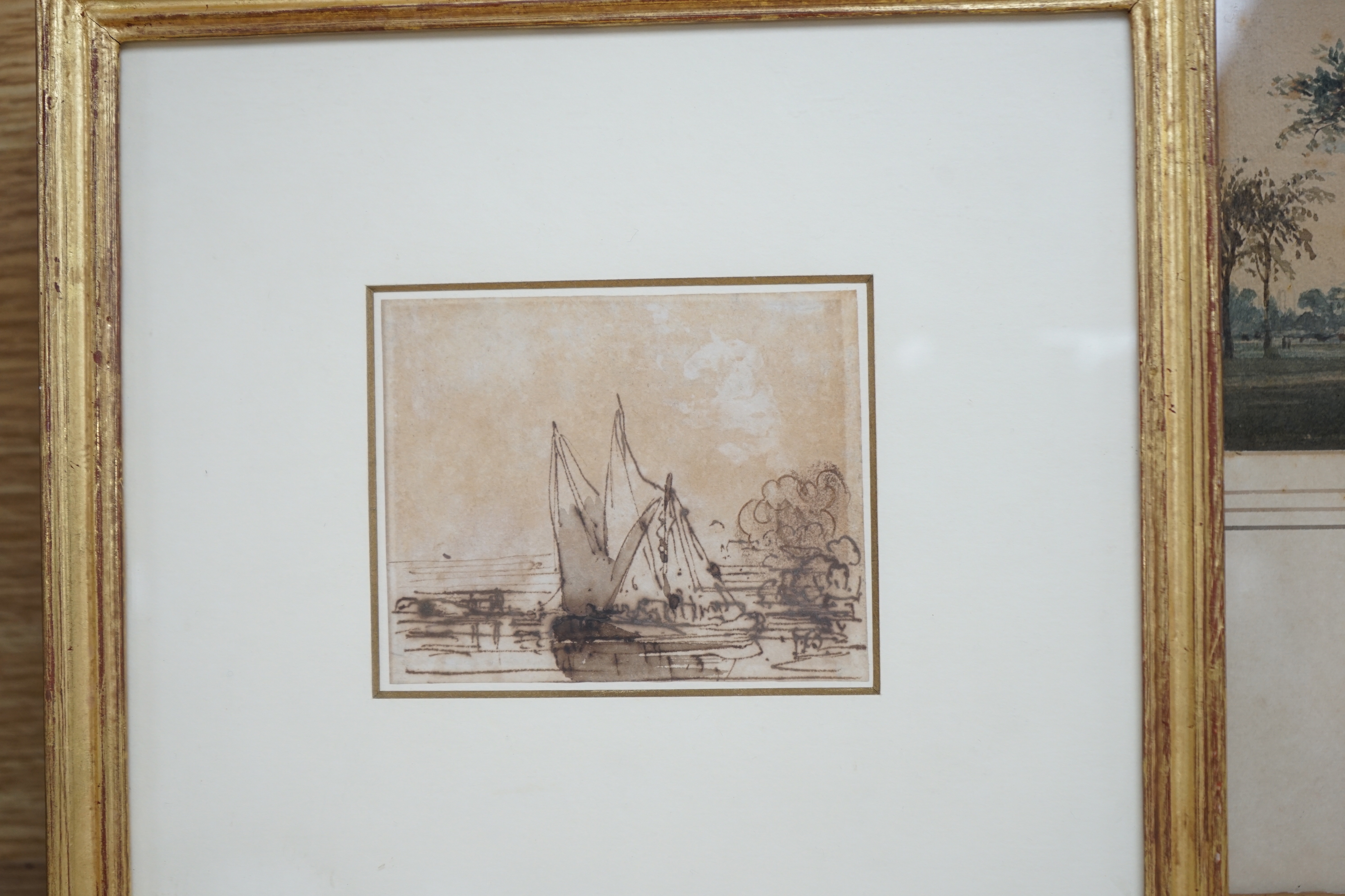 John Varley RWS (1778-1842), watercolour, Figures in a park, together with a pen and ink sketch, Thames barge at anchor, one signed, one with provenance details verso, largest 12 x 15cm